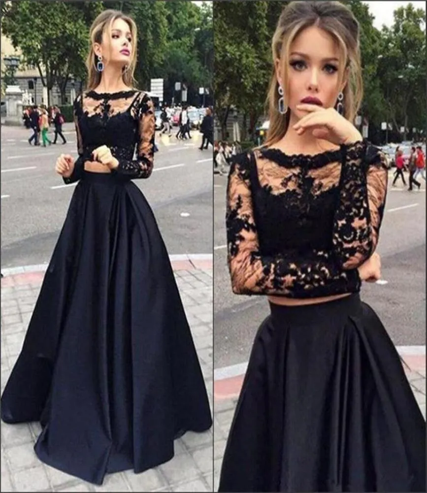 2019 Black en dentelle Tive deux pièces Robes de fête de bal avec manches longues sexy robes de soirée de longueur de plancher et bon marché 3148857