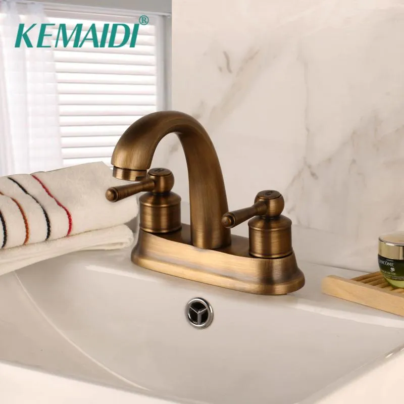 Bathroom Sink Faucets KEMAIDI Commercial Antique Brass 2 Handle Centerset Faucet Deck Mounted Tap