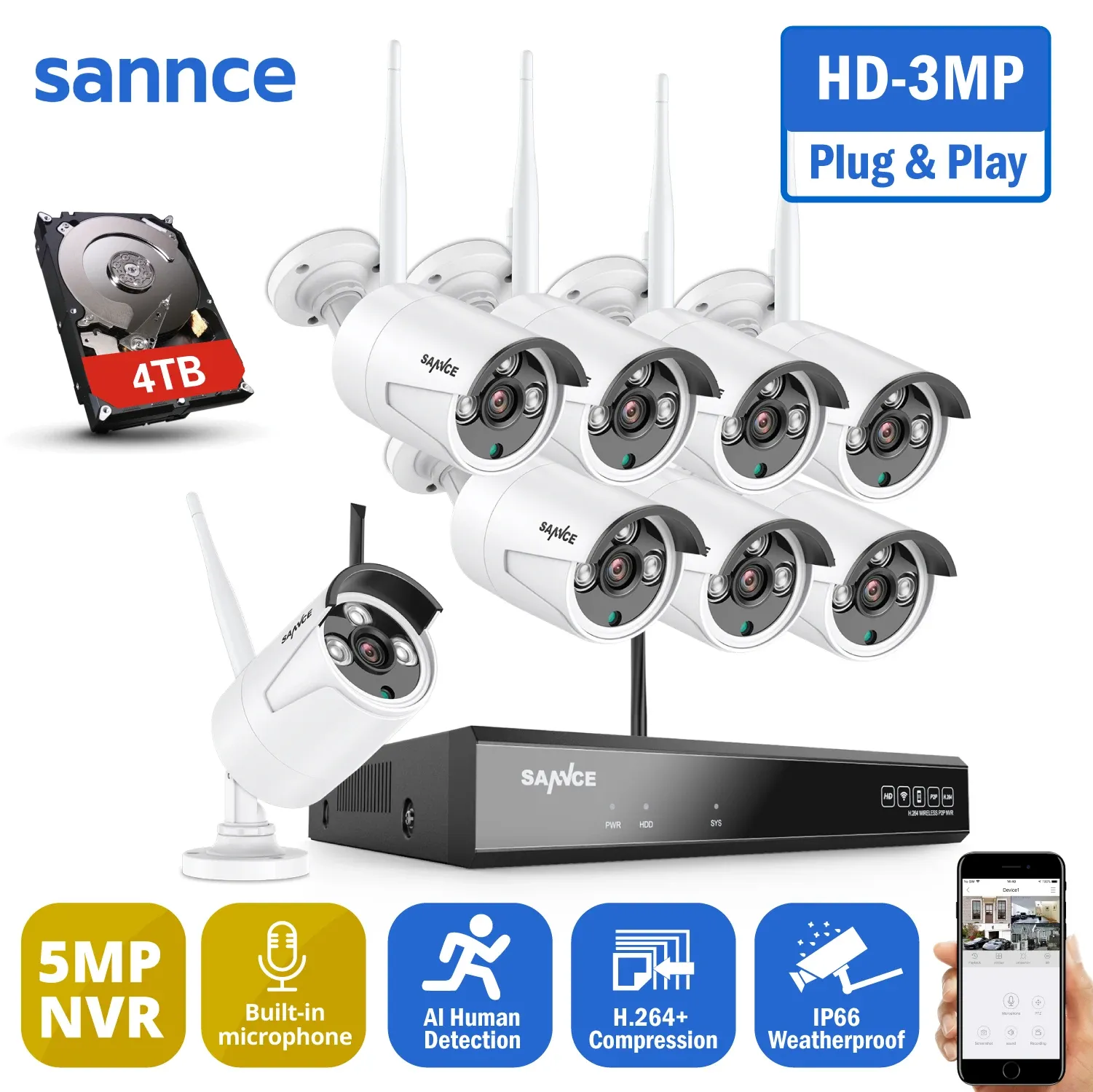 System Sannce 8ch Wireless NVR CCTV System 3MP IP Camera WiFi Audio Recording IR Night Vison CCTV Home Security Camera Surveillance Kit