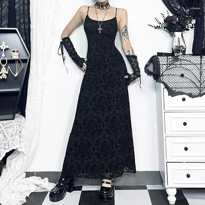 Casual Dresses Goth Dark Cross Flocking Mall Gothic Eesthetic Grunge Punk Mesh Elegant Party Long Dress Sling Slim Sexy Emo Alt Outfits