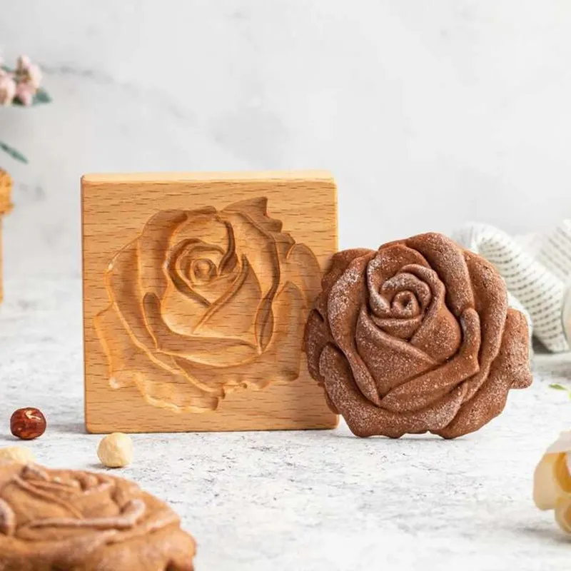 Christmas Wooden Cookie Mold Flower Pine Cone Shape Carved Press Stamp for Biscuit Christmas Decoration Kitchen Baking Tool