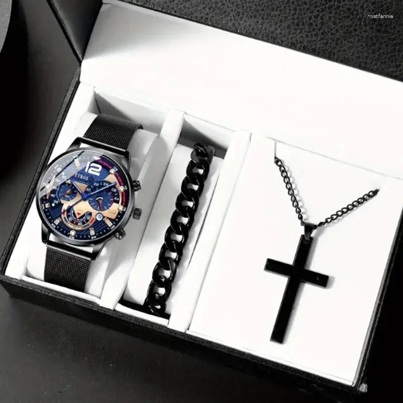 Wristwatches DEYROS 3pcs Fashion Men Mesh Quartz Watch Men's Business Stainless Steel Wristwatch Male Casual Sports Bracelet Necklace