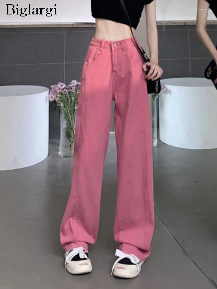 Dames jeans lente zomer lange wide been pant vrouwen hoge taille Koreaanse stijl losse geplooide dames broek casual modis vrouw roze broek