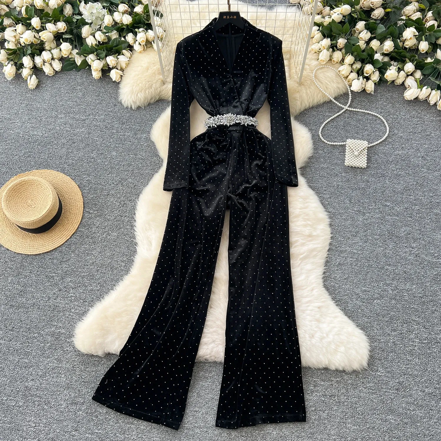 Save Big on Bulk Long Sleeve Velvet Jumpsuit Elegant Rhinestone Jumpsuits:  Black Velvet Jumpsuit V Neck Long Sleeve Wide Leg Pants Winter Women's
