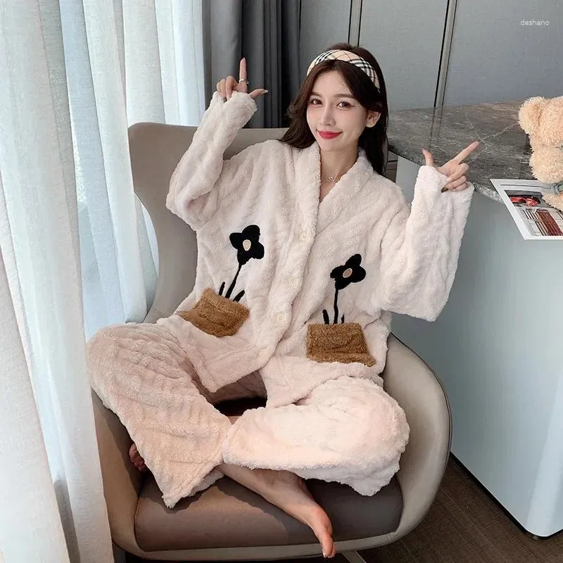 Home Kleding Est Women M-4XL Pyjama Sets Solid Long Sleeve Winter Pijama Pak Dikke Warm Fleece Kleding voor vrouw
