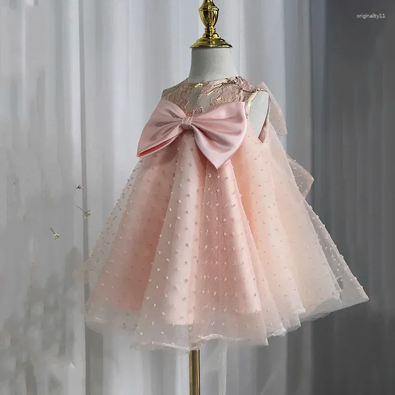 Mädchenkleider High-End-Sommer O-Neck rosa ärmelloses flauschige Kinderkleidung A-Line Big Bow Birthday Party Frock Blumenmädchen Kleid