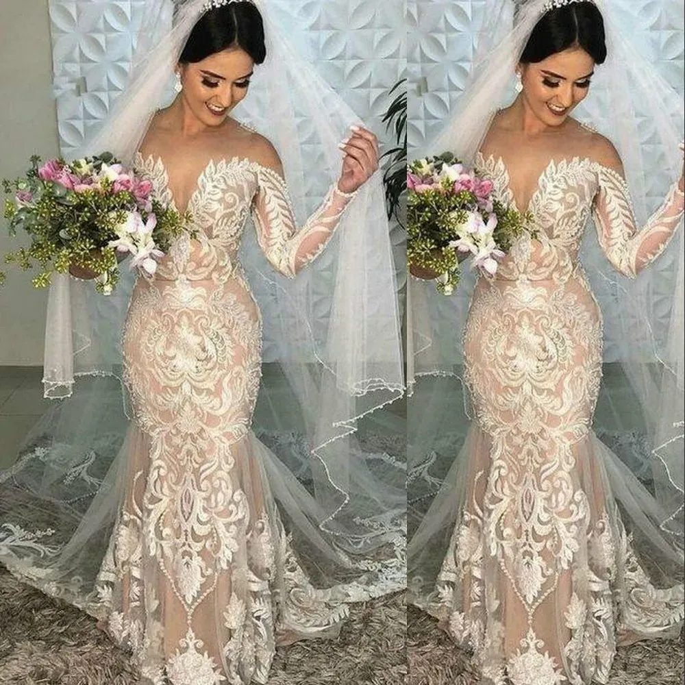 드레스 2022 Boho Country Mermaid Wedding Dresses Champagne Nicking Neck Full Lace Appliques Long Sleeves Sweep Train Custom Corptal Brida