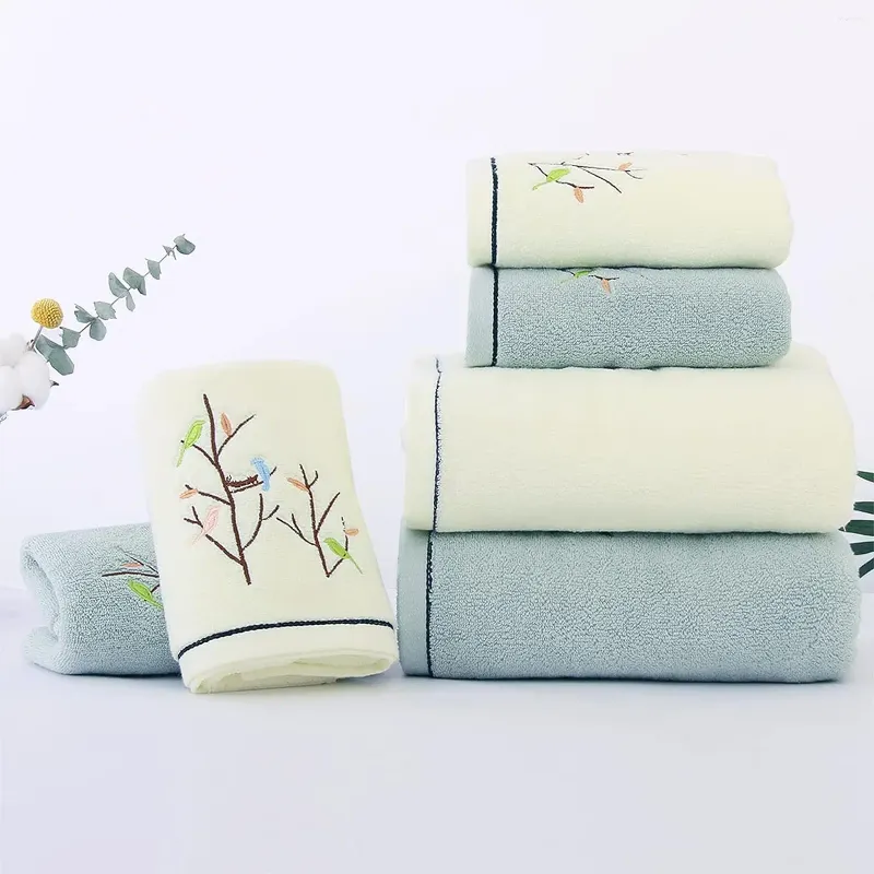Handduk handdukar uppsättning av 2 broderade fågelträdmönster bomullsabsorberande mjuk dekorativ för badrum 13,8 x 29,5 i