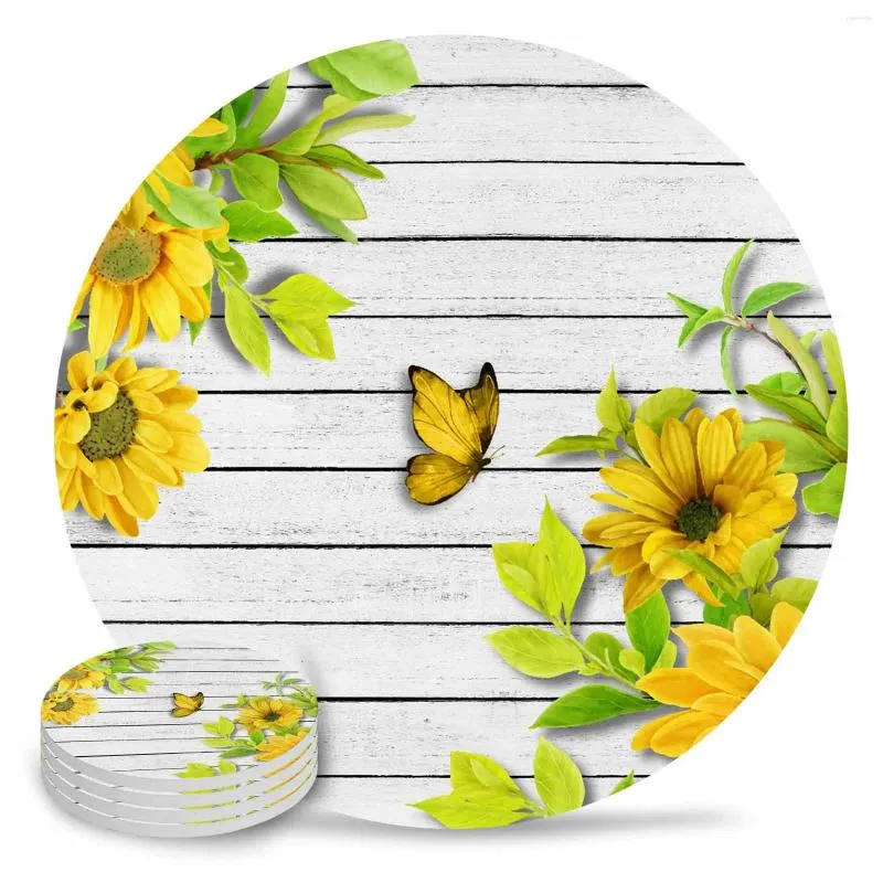 Table Mats Sunflower Flower Butterfly Wooden Board Ceramic Set Coffee Tea Cup Coasters Kitchen Accessories Round Placemat