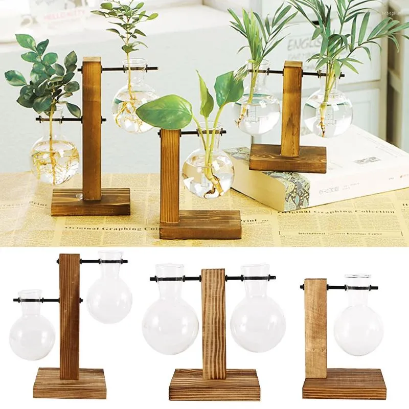 Vasos Aquático Planta Vidro Bottle Tounds Home Decoration Craft Craft Transparent Wooden Frame Flor Flower Pot