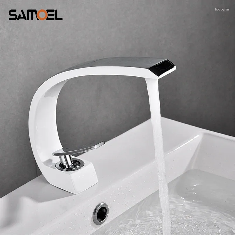 Badrumsfläckkanor Samoel Creative Brass Faucet Deck Mount White Paint Basin Mixer TAPS Cold Water Tap W3038