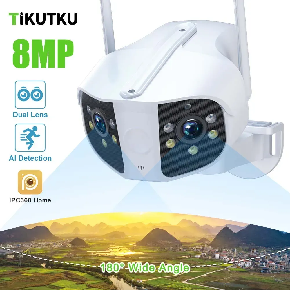 Cameras 4K 8MP IP Camera Dual Lens WiFi Security Protection Smart Home 180° Ultra Wide Angle Outdoor Waterproof CCTV Video Surveillance