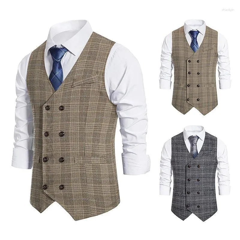 Men's Vests 2024 Steampunk Vinatge Mens Striped Vest Double Breasted Slim Fit Business Casual Wedding