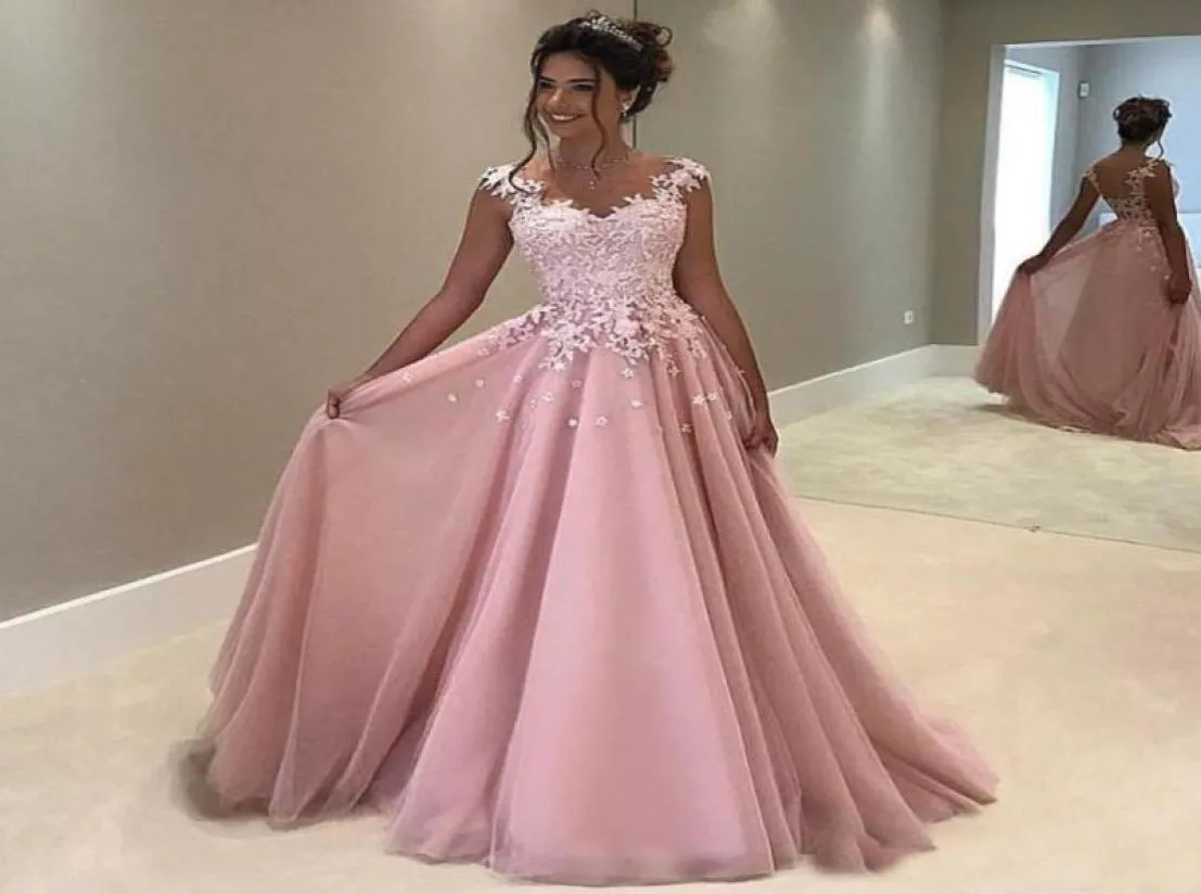 Blush Applique Lace Sheer Neck Prom Dresses A Line Cap Mouws Floor Lengte Arabisch Arabisch formele avondjurk Robe 20198506502