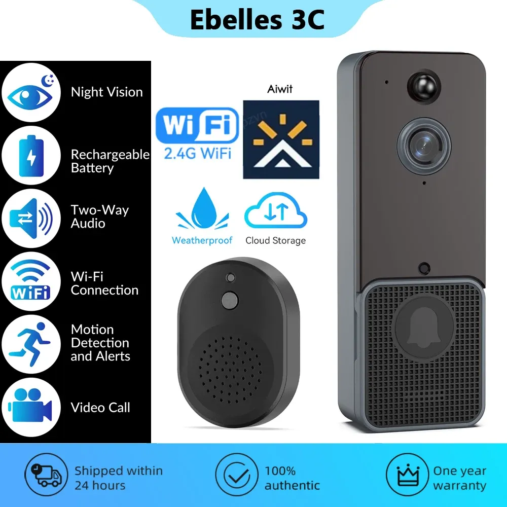 Sonnette de portes Smart Home WiFi extérieur Sonnet sans fil 1080p HD Vision nocturne Interphone Video Camera Camera Protection de sécurité imperméable Protection de sécurité