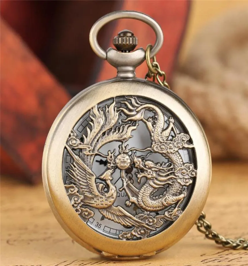 Retro Hollow Dragon Phoenix Design Men Women Women Quartz Pocket Watch Collier Collier Fashion Horloge Cool Enfants Gift Reloj8261551