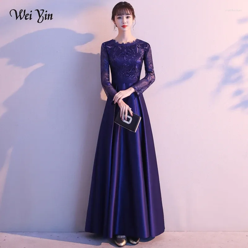 Robes de fête Wei Yin AE0247 Dubaï marine bleu dentelle en dentelle longue manches A-Line Evening Muslim Fashion Elegant Robes