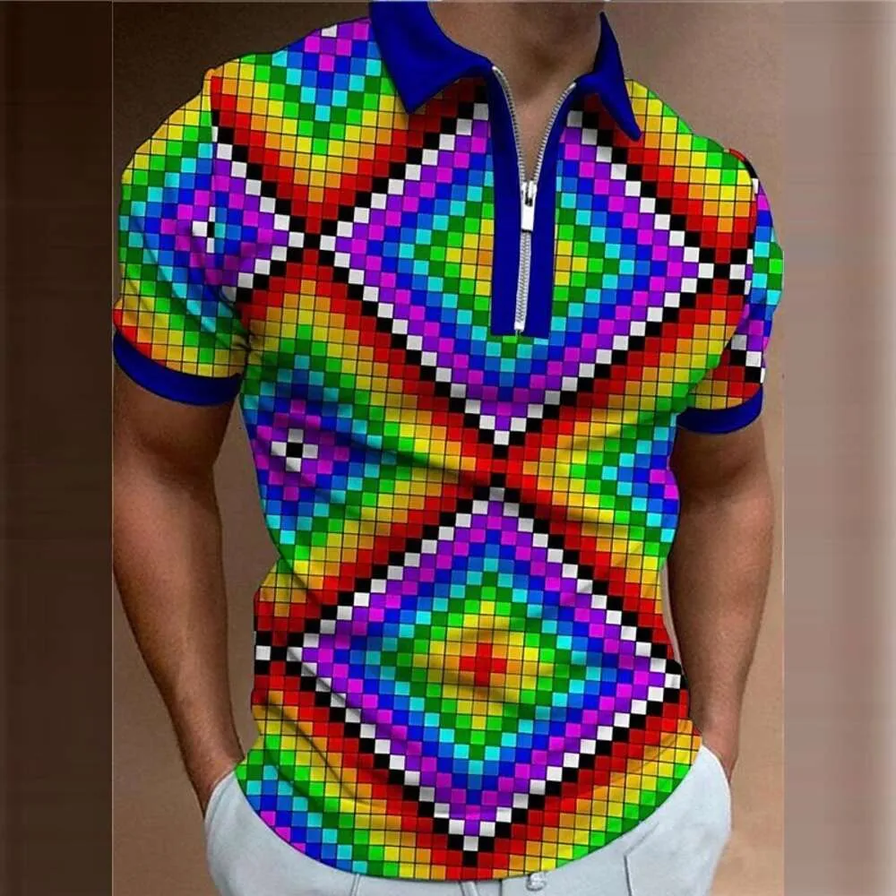 Rainbow Geometric Mönster Herrpoloskjorta med korta ärmar och en 3D -fabrik, stabila varor