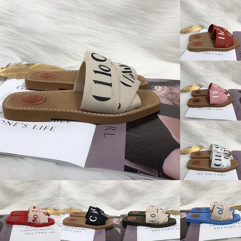 Woody Sandals For Womens Ladies Lettering Fabric Canvas Mules Low Heels Fashion Luxury Ladies Summer Casual Shoes Slippers chioe Wood Slide