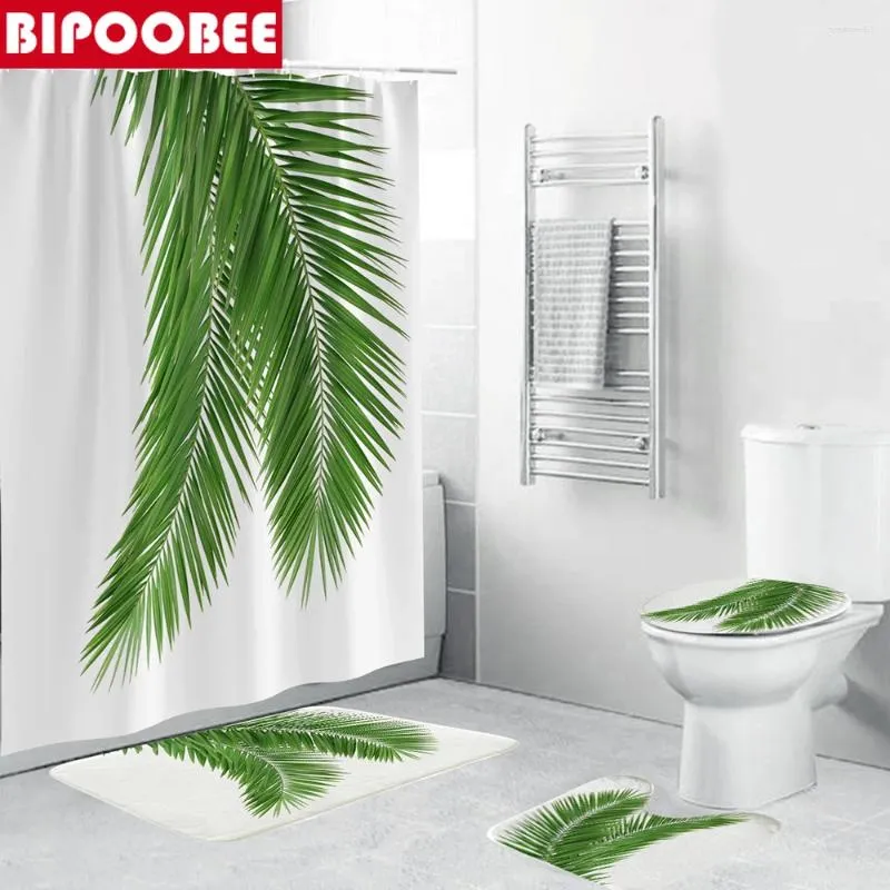 Rideaux de douche Green Coconut Feuilles de salle de bain Ensemble de plantes naturelles Baignoire rideau blanc sans glissement de toilette couvercle de couvercle de baignoire