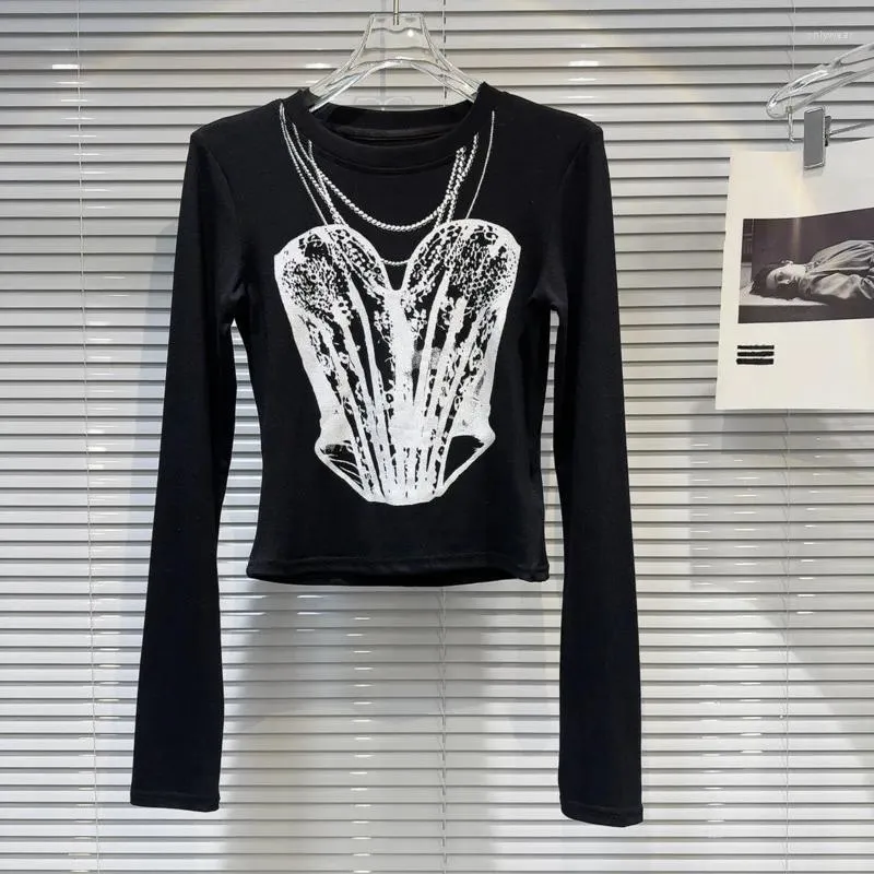 Женские футболки Teppl 2024 Весна прибытие с длинным рукавом круглое шейное жемчужное ожерелье Принт черная рубашка Women gp489