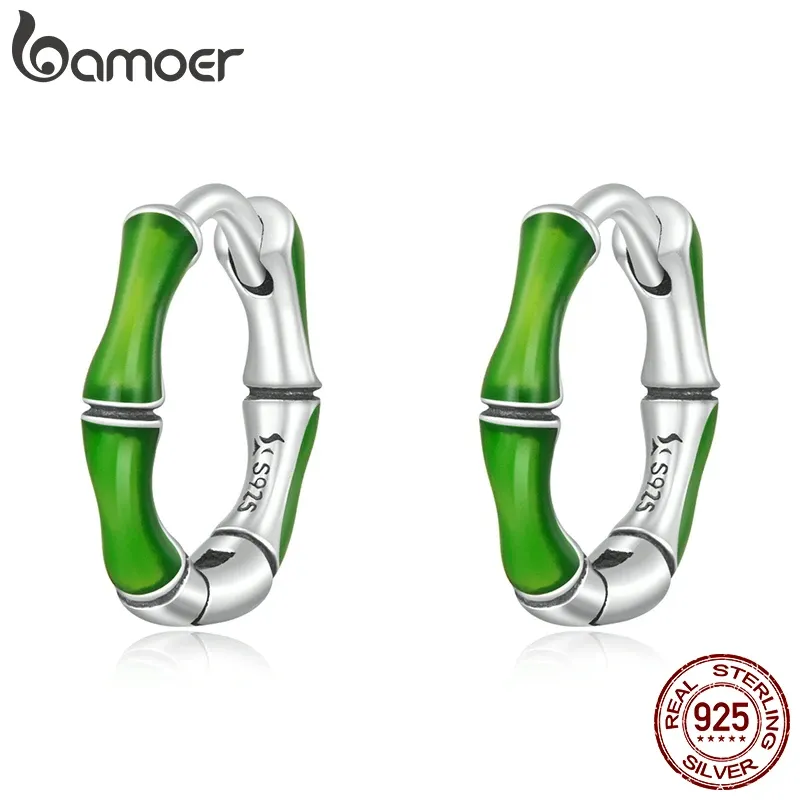 Altre fibbie auricolari in bambù BAMOER GENUINE 925 Orecchini a cerchio verde in argento in argento per donne BRINCOS