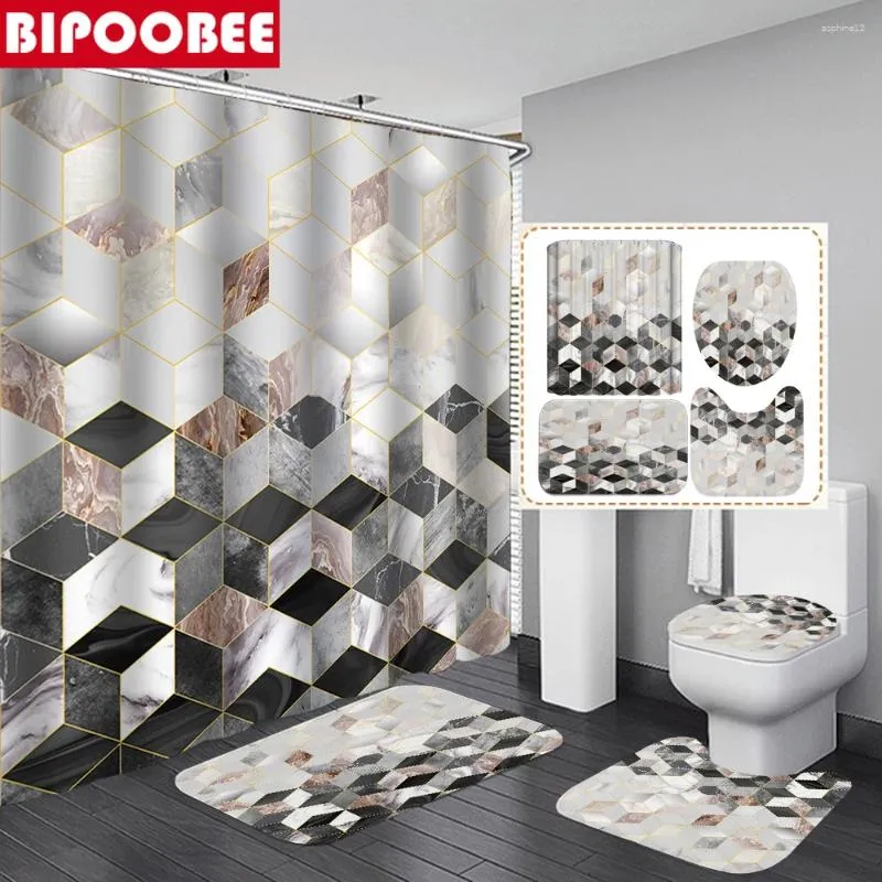 Rideaux de douche motif en marbre rideau étanche 3d tapis de salle de bain et grain géométrique grain de baignoire non glissée couvercle de couvercle de toilette