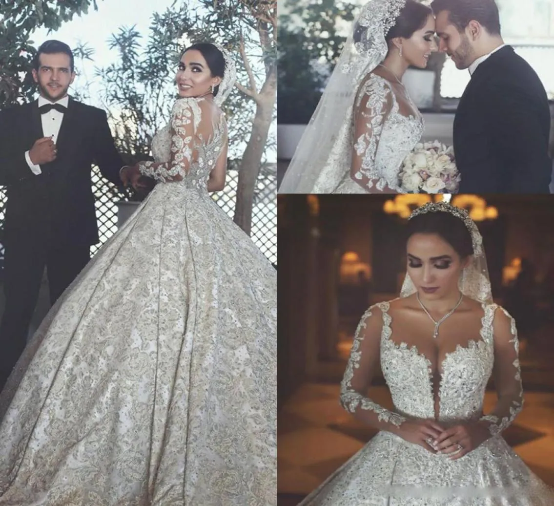 2018 Retro Sheer Neck Illusion Langarmes Brautkleider mit Spitze Applique Perlen arabische Braut Hochzeitskleider5854345