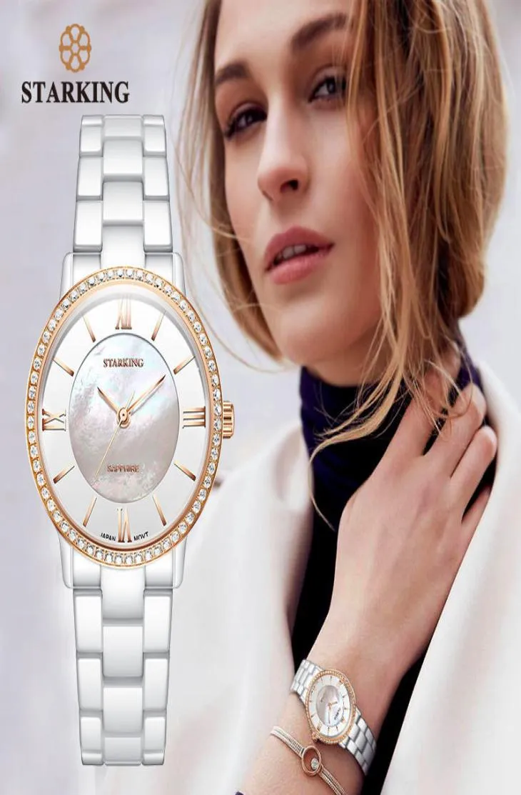 STARKING Brand Luxury Women Watches White Ceramic Diamond Ladies Watch Gift Sapphire Quartz Wristwatch Relogios Femininos Clock 204885942