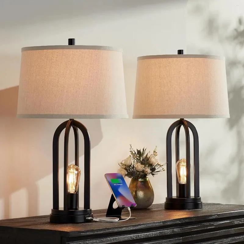 Lampes de table industrielles modernes 24 1/4 "de haut de 2 avec une nuance de lin naturel en métal noir metal noir à lampe de nuit LED pour chambre à coucher