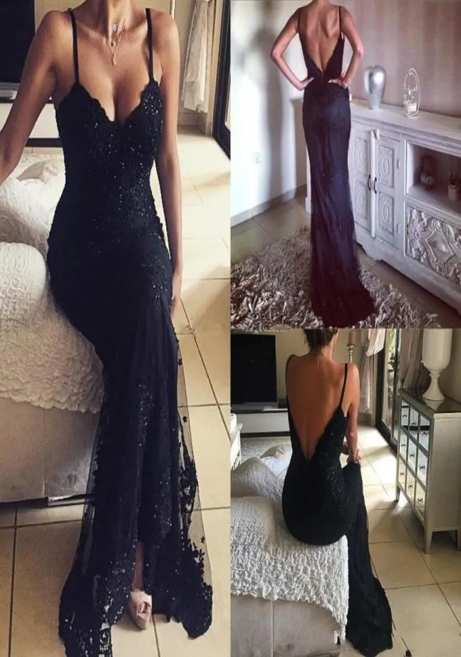 Arabic Black Prom Dresses Spaghetti Straps Mermaid Backless Lace Appliques Bling Beads Long Formal Special Occasion Evening Dress 2353029