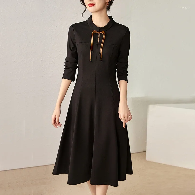 Casual Dresses Chinese Style Women's Vintage Dress Black Mandarin Collar Elegant For Women Solid Long Sleeve Woman A-line