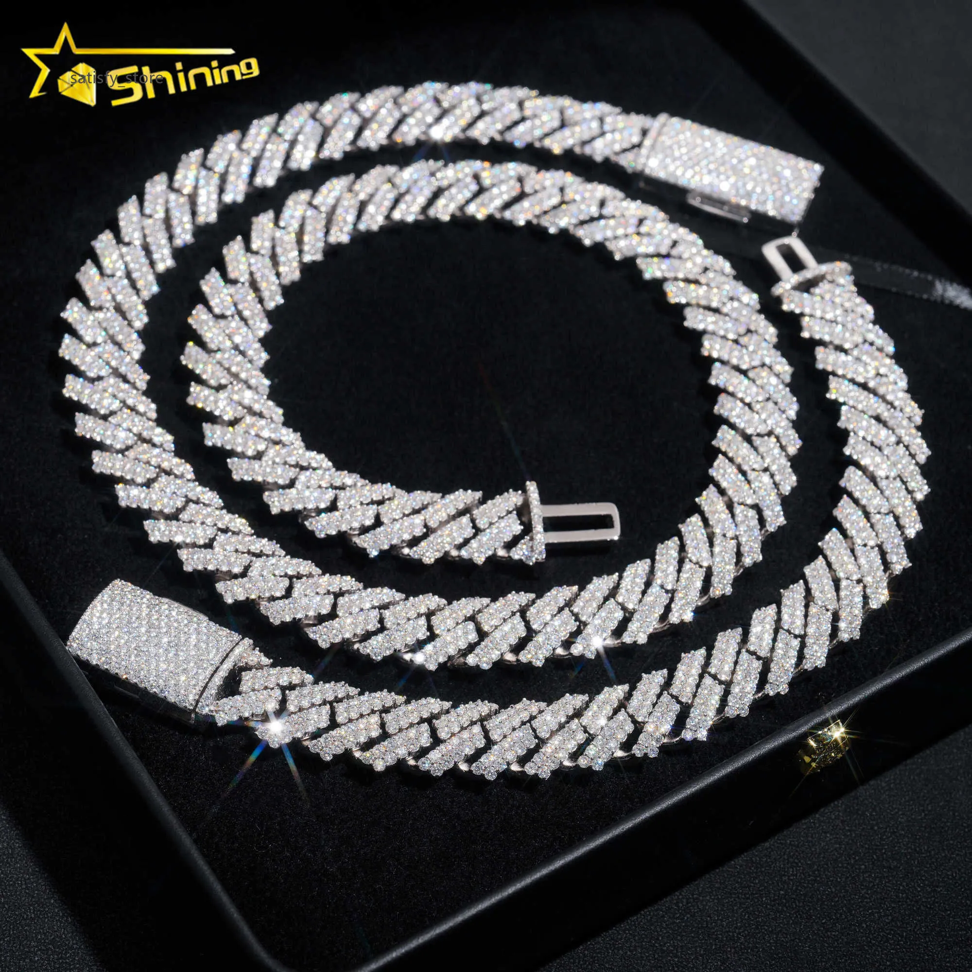 Shining moissanite hip hop jewelry 15mm 2rows design sterling silver gold plated diamond moissanite cuban link chain