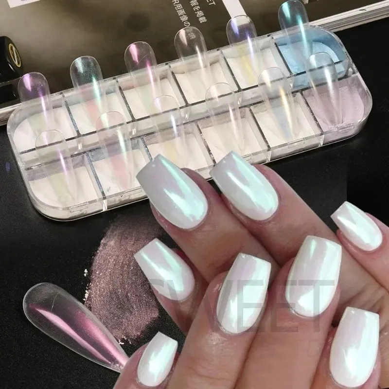 2024 i Aurora in polvere glitter unghie specchio di pigmento bianco iridescente fata etura cromata sfregamento riflettente su decorazioni manicure della polvere- decorazioni unghie iridescenti