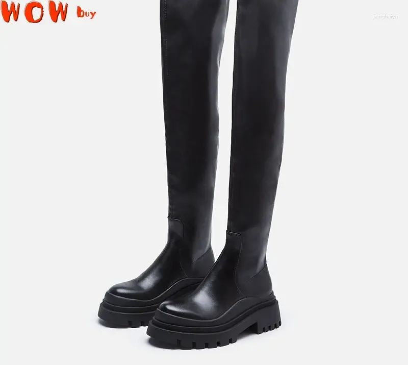 Walking Shoes Women Over the Knee Boots Leather Autumn Winter Soft Plata