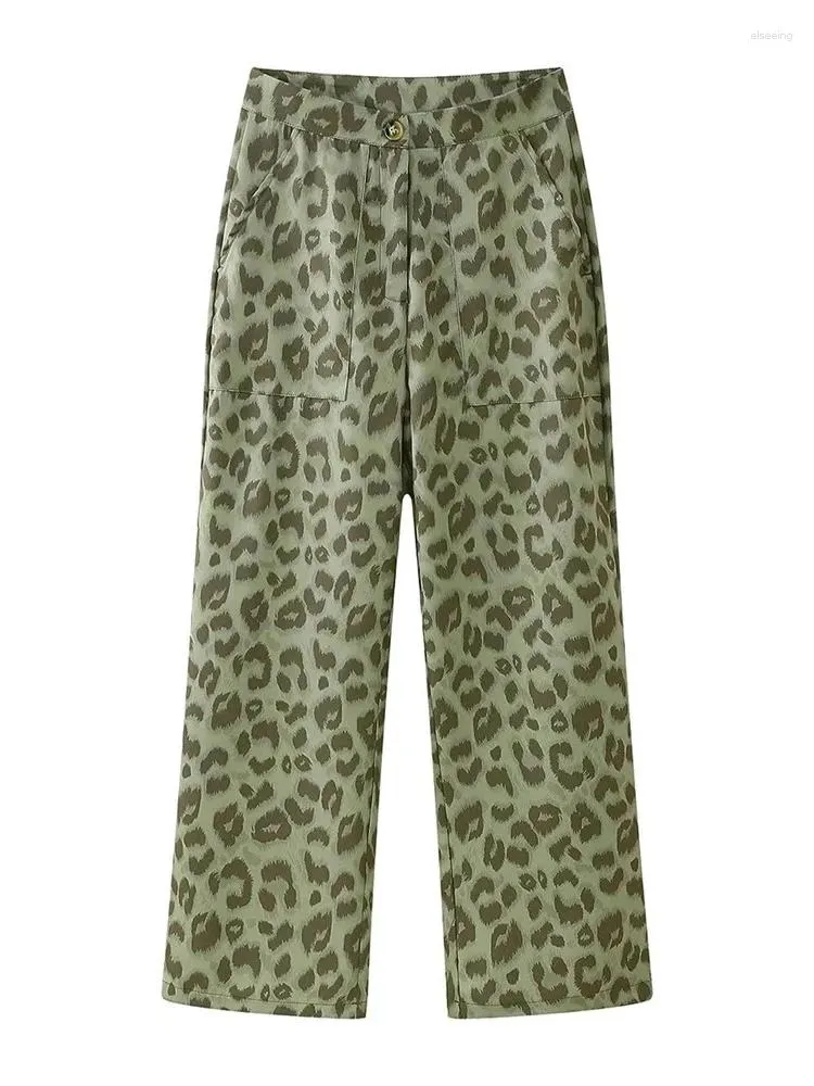 Calça feminina feminina casual de cintura alta 2024 calças vintage de leopardo verde primavera feminina reta Long Long