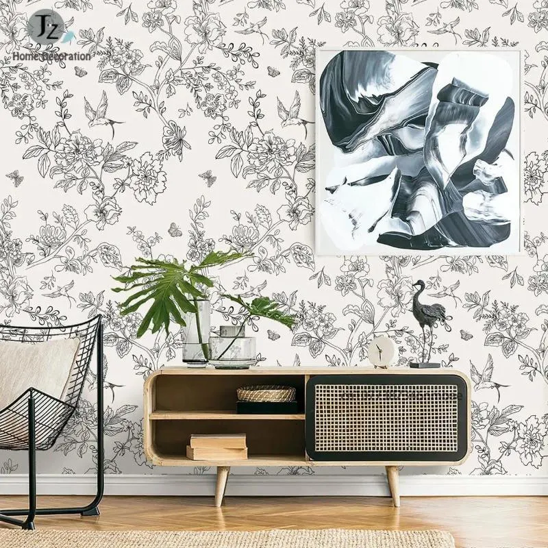 Wallpapers Black And White Floral Wallpaper Peel Stick Contact Paper Flowers Birds Removable Self Adhesive