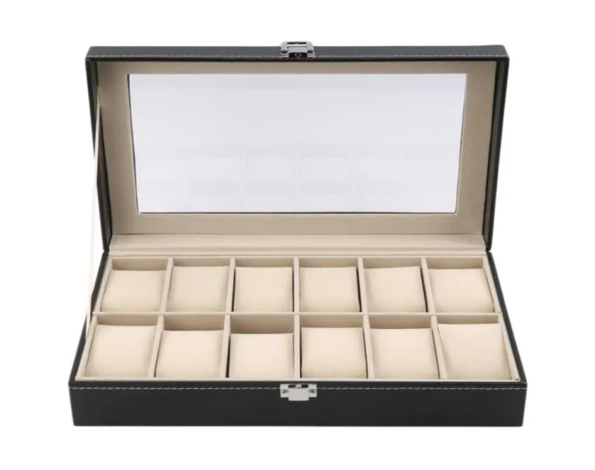 12 emplacements Grid Pu Leather Watch Box Boîte de rangement de bijoux Organisateur Boître à surveillance verrouillée Casquet d'affichage avec couleur noire8022300