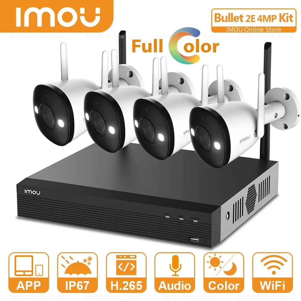 Система IMOU 4MP Система безопасности видео беспроводной NVR комплект IP67 Полноцветная запись ночного видения аудиозаписи Wi -Fi Bullet 2E 4MP