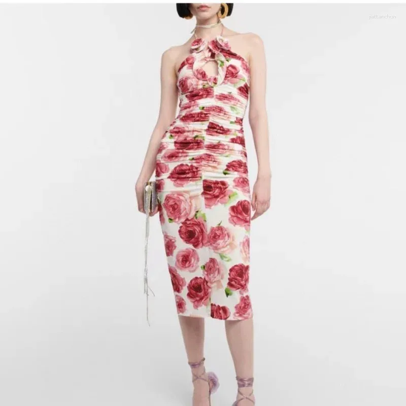 Casual jurken retro rose print holle hangende nekstijl kraagband met driedimensionale zijden gladde plooien slanke fit billen gewikkeld