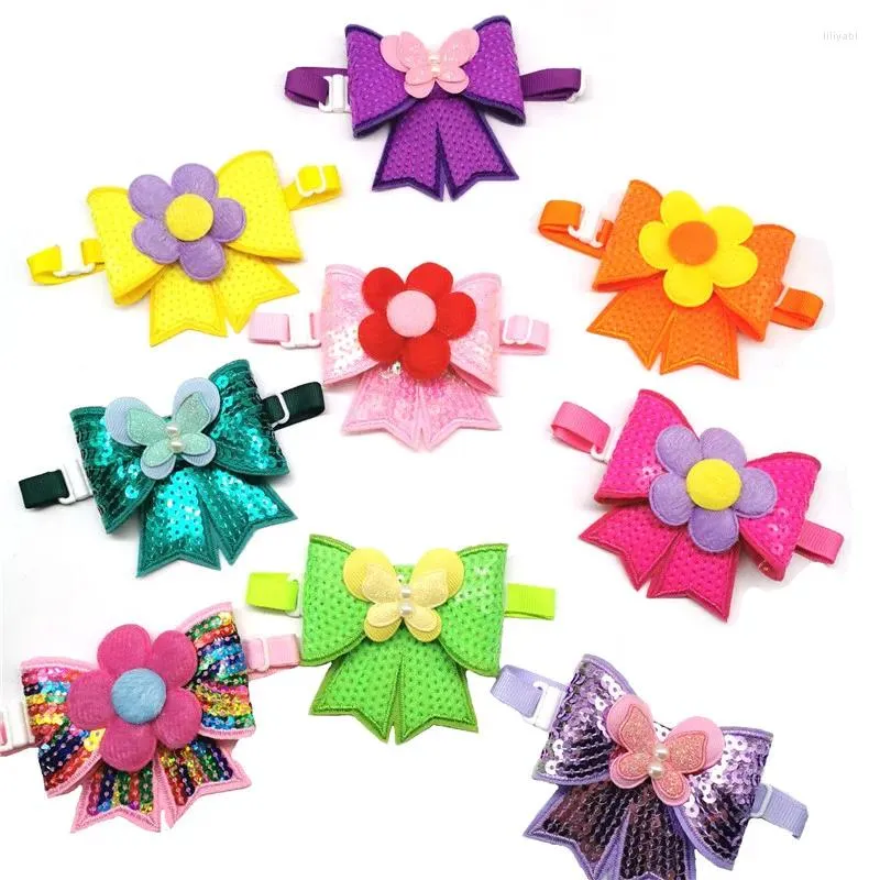 Vêtements pour chiens 30 / 50pcs à la main aux paillettes colorées colorées Ties Bow Flowers Bows Pet Thering Cat Bowties Coldie Puppy ACCESSOIRES