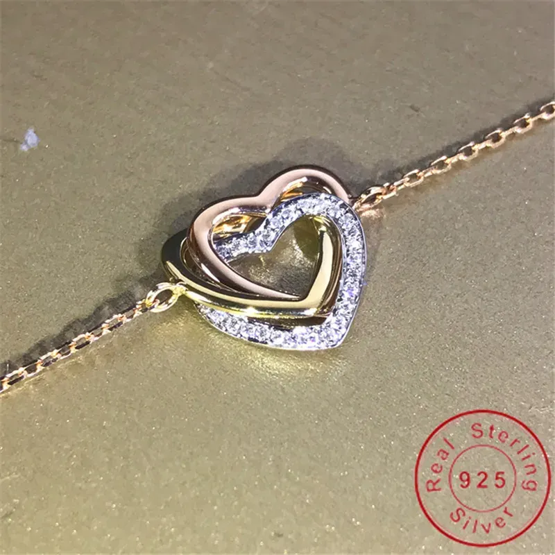 Strands 18k Braça de diamante de coração dourado Real 925 Pulseiras de casamento de noivado de prata esterlina para mulheres Presente de joias de festa nupcial