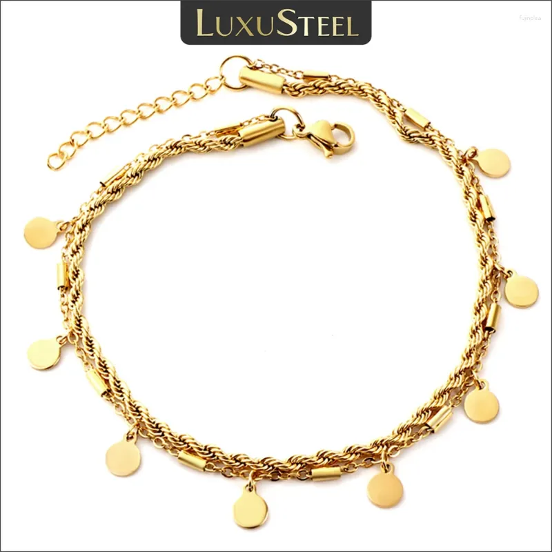Anklets LUXUSTEEL Double Layer Coin Disc Pendant Gold Colour Stainless Steel Anti-allergic Rope Chain Leg Foot Bracelet Jewelry