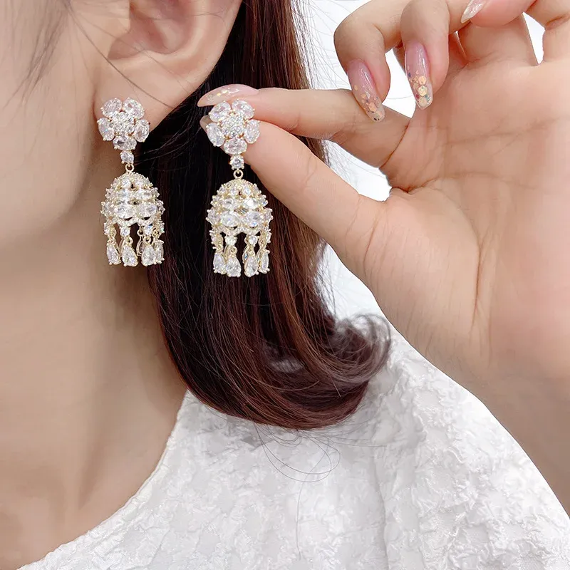Earrings Crystal Flower Drop Dangle Earrings Indian Jhumka Jhumki Women Bridal Wedding Party Fashion Jewelry Rhinestone Tassel Bell Gifts