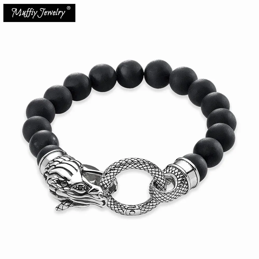 Strands Strand Bracelet Black Obsidian Beads 925 Sterling Silver Dragon Ring Fine Jewelry Rebel Street Punk Fashion Gift For Men Women