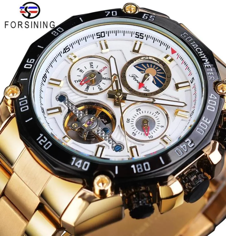 Forsiner classique Golden Tourbillon Mechanical Watch Mens Automatic Moon Phase Calendar en acier inoxydable Corloge Reloj Hombre6318952