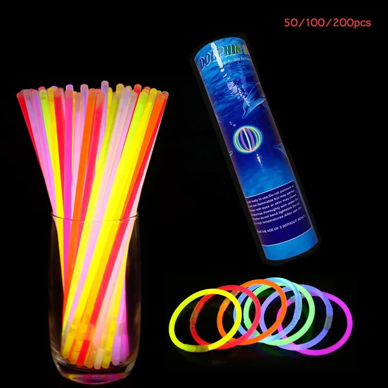 50/100/200 st glödpinnar armband halsband neon bröllop födelsedag fest rekvisita dekor färgglad fluorescens ljus 240326