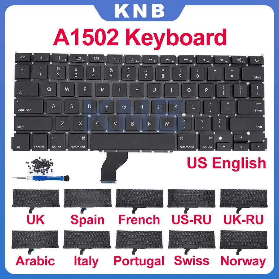 Batterier Ny bärbar dator A1502 Keyboard US UK Spanien Rysk franska schweiziska Italien Arabisk layout för Book Pro Retina 13 "2013 2014 2015