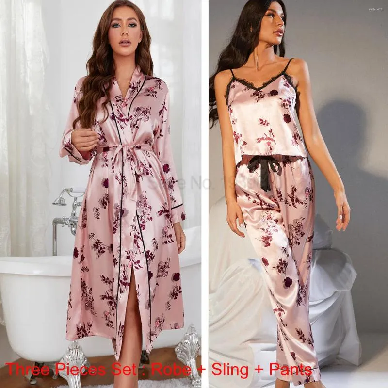 Home Kleding Afdruk Bloem Pyjama's Pakken Vrouwen Kimono Robe jurk satijn v-neck badjobeslingpants set pyjama's pour femme sexy kleren