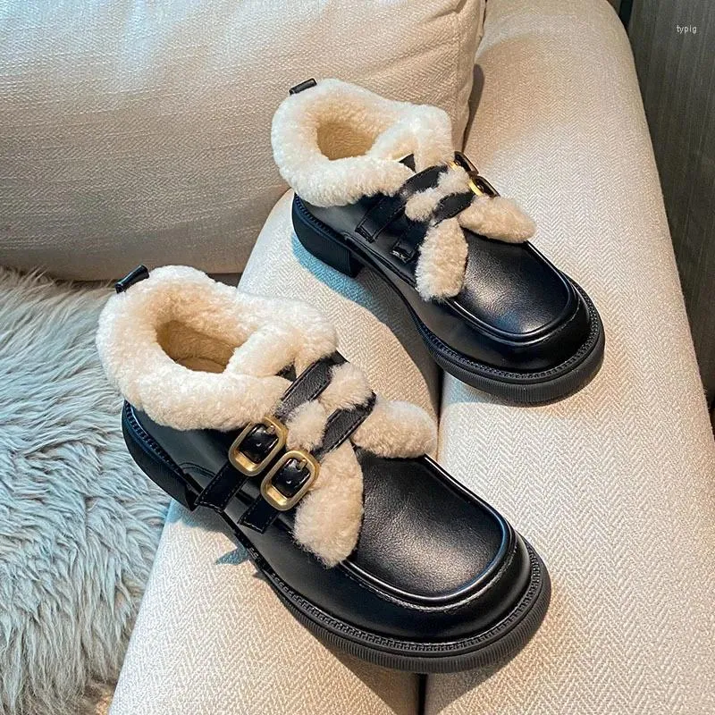 Casual Shoes Winter Fur Double Buckle Band Leather Flats Women Thicken Padded Oxford Warm Furry Snow Botas Big Size 43